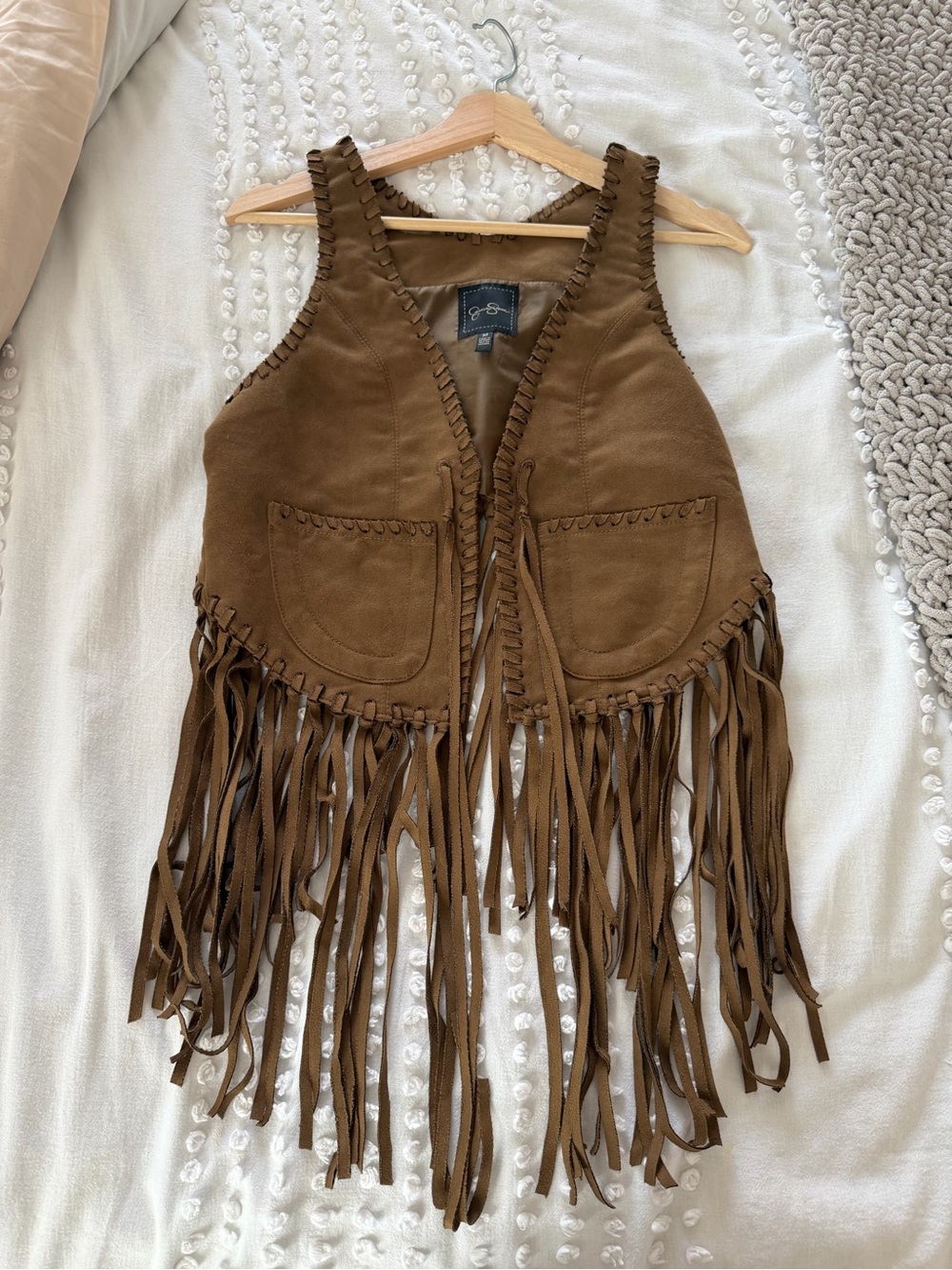 NWOT Jessica Simpson Tan Faux Leather Fringe Vest M